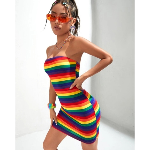 Rainbow Stripe Tube Dress Bodycon Stretchy Size XS-XL Available - Picture 5 of 12